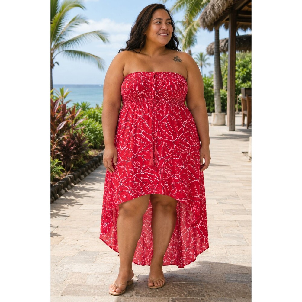 Wehi Designs by Marcel Hawaii Red White Floral Smocked Maxi Dress M/L Rayon